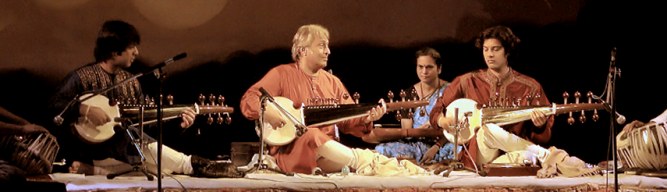 amjad ali khan, playing sarod with his sons amaan and ayaan