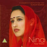 Gurbani Keertan CD cover art - head of nina kaur virdee, a red shawl over her hair, ears & shoulders